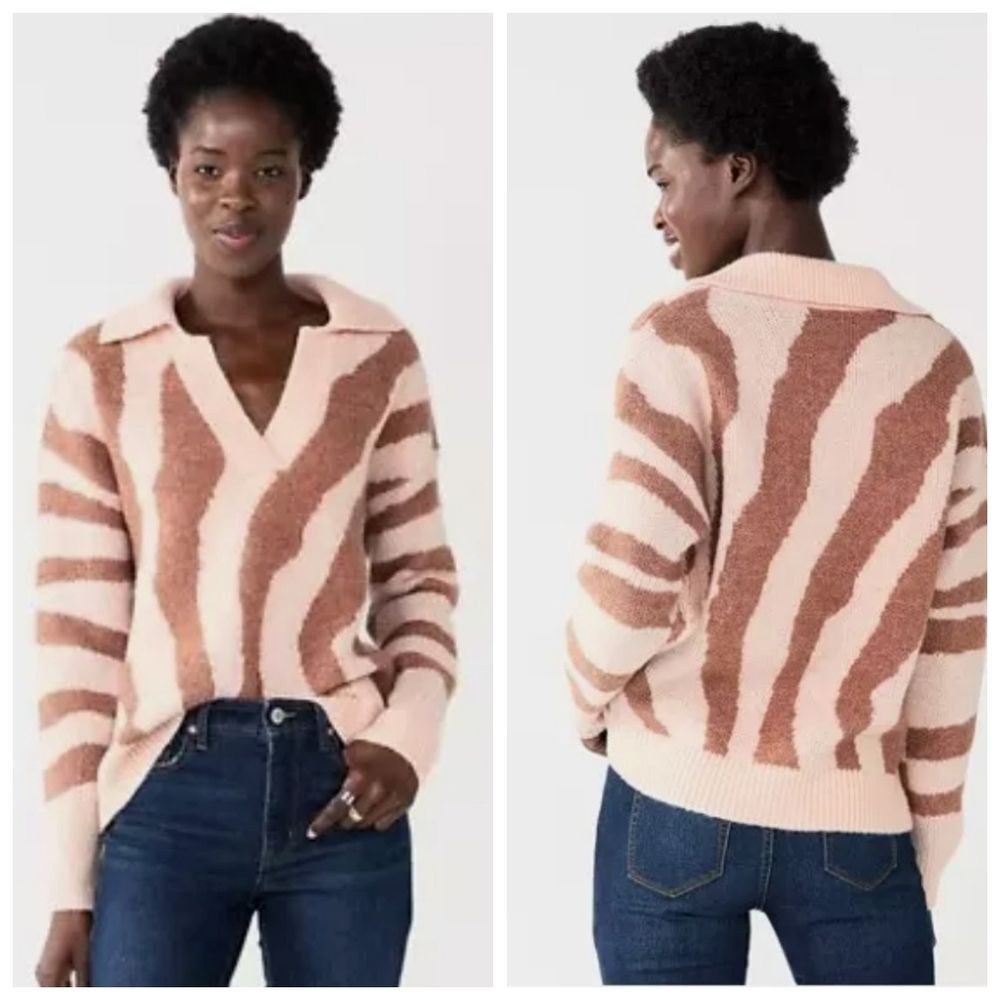 Nine West Womens Polo Sweater Mauve  Peach Zebra Wool Blend Oversize Large